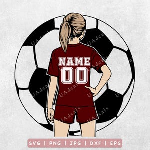 May include: Illustration of a soccer player in a maroon uniform with the name and number "00" on the back, standing in front of a soccer ball. The player is facing away from the viewer. The image includes file type options: SVG, PNG, JPG, DXF, and EPS.