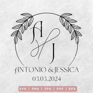 May include: Black and white wedding design featuring the intertwined letters "A" and "J" inside a circular frame with leaf accents. The names "ANTONIO & JESSICA" and the date "03.03.2024" are below. Includes SVG, PNG, JPG, DXF, and EPS file formats.