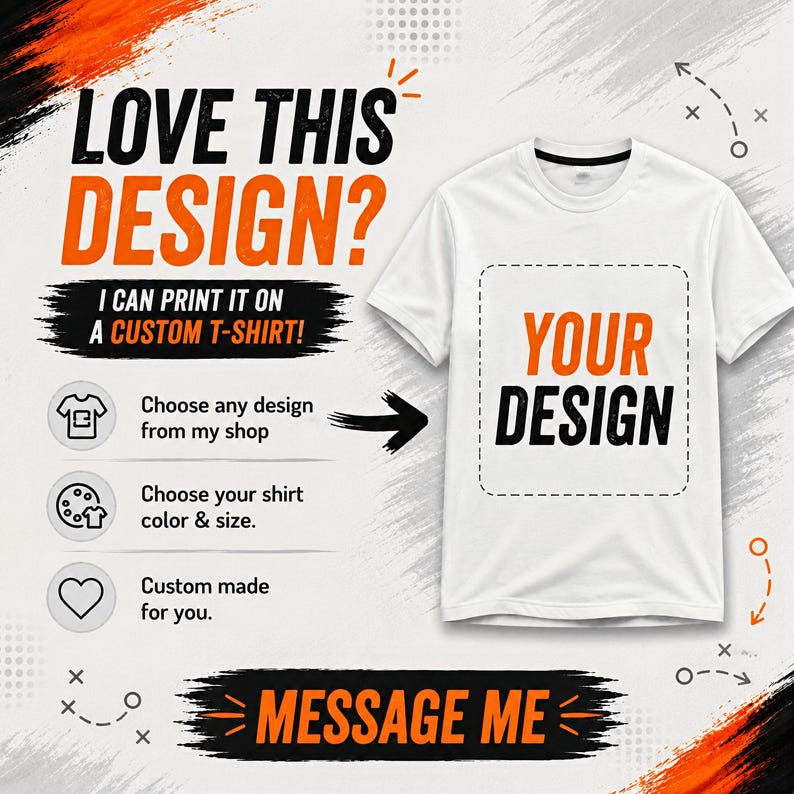 A white t-shirt displayed with a customizable design area labeled 'YOUR DESIGN' in bold black and orange text. The background features dynamic brush strokes in orange and black, with icons for customization options.