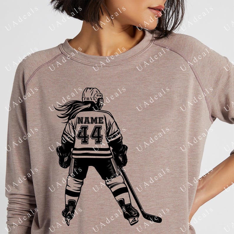 May include: A black and white illustration of a hockey player wearing a jersey with the number 44 and the word "NAME" on it. The player is holding a hockey stick and is in a skating position.