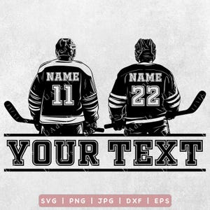 May include: Black and white silhouette of two hockey players facing forward with their sticks in front of them. The players are wearing jerseys with the text "NAME" and numbers "11" and "22". The text "YOUR TEXT" is below the players.