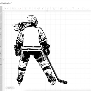 May include: Black and white illustration of a hockey player wearing a jersey, helmet, and skates, holding a hockey stick. The player is facing away from the viewer.