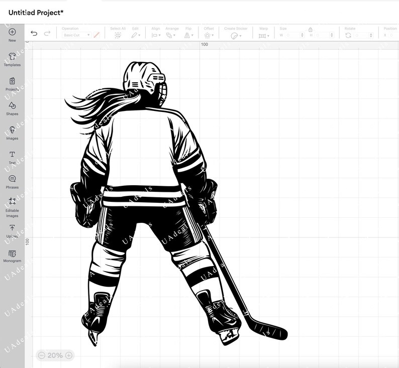 May include: Black and white illustration of a hockey player wearing a jersey, helmet, and skates, holding a hockey stick. The player is facing away from the viewer.