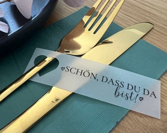 Besteckanhänger „Schön, dass Du da bist!“ für Deine Tischdeko auf Hochzeiten, Taufen, Geburtstagsfeier,...