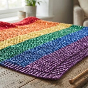 Può includere: Una coperta lavorata a maglia rettangolare con strisce orizzontali rosse, arancioni, gialle, verdi, blu e viola. Il filato ha un sottile riflesso metallico su tutta la trama. Un gomitolo di lana arcobaleno e due ferri da maglia in legno.