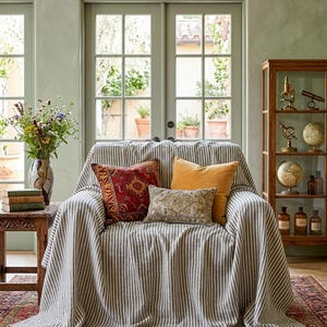 Striped Armchair Cover, Gray Couch Throw, Organic Cotton Sofa Cover, Linen Look Boho Slipcover, Custom Size Coverlet