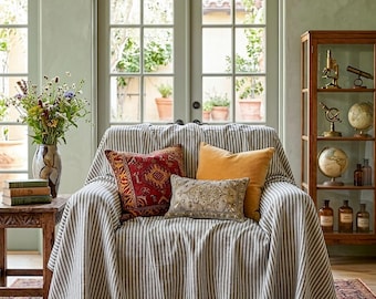 Striped Armchair Cover, Gray Couch Throw, Organic Cotton Sofa Cover, Linen Look Boho Slipcover, Custom Size Coverlet