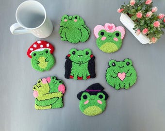 Punch Needle Frog Coaster, Handmade Mug Rug, Funny Home Decor Gift