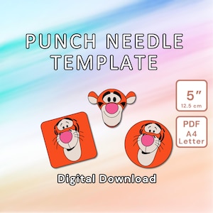 Cartoon Tiger Punch Needle Pattern Set - DIY Template Mug Rug, Coaster, Tufted Home Decor, Kids Nursery Wall Art - Instant Download Design