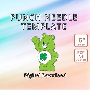 Grünes Glücksbären-Punschnadel-Muster - DIY-Vorlage für Becher, Teppich, Untersetzer, getuftetes Wohndekor, Kinderzimmer-Wandkunst - Instant Download