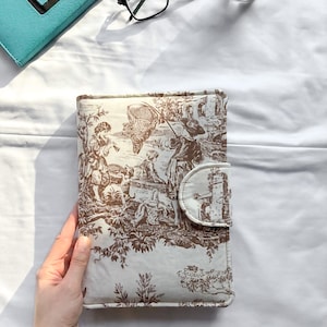 Toile de Jouy Book Cover with Pen Holder, Brown Vintage Book Sleeve, Journal Protector Pockets, Padded Planner Bag, Writer Gift