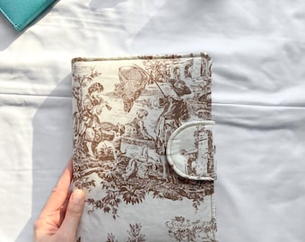 Toile de Jouy Book Cover with Pen Holder, Brown Vintage Book Sleeve, Journal Protector Pockets, Padded Planner Bag, Writer Gift