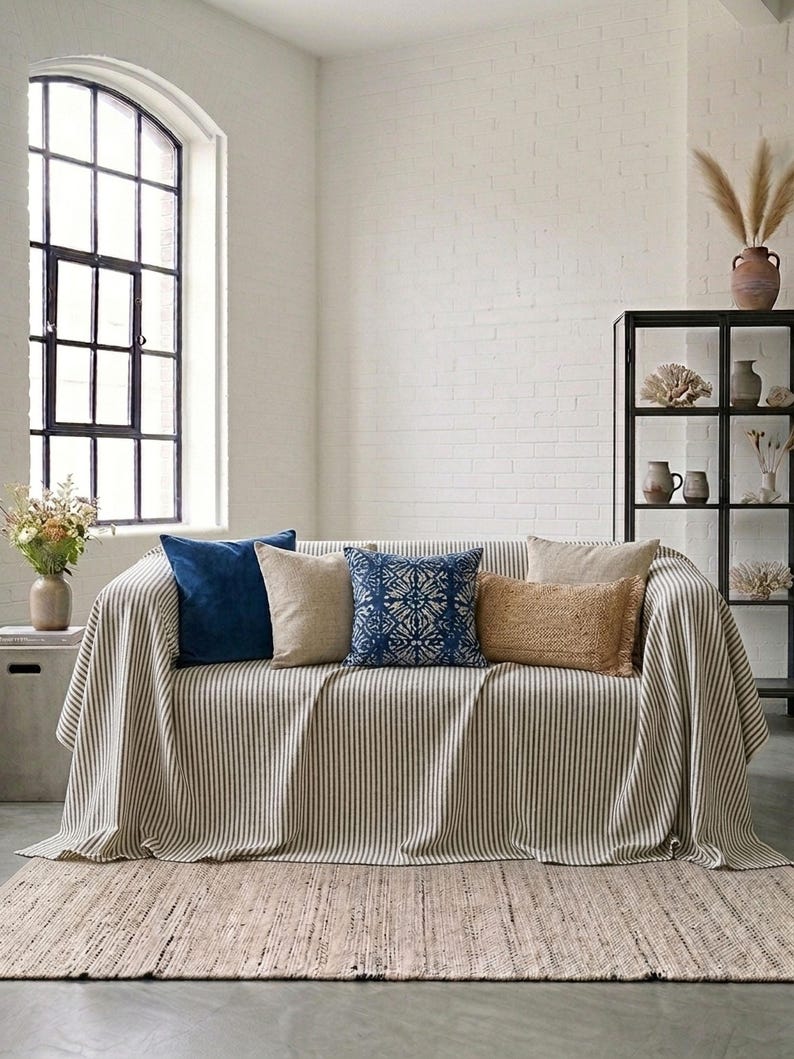 May include: A living room scene featuring a sofa draped with a striped throw and adorned with various throw pillows in shades of blue, beige, and brown. A woven rug lies on the floor, and a large window provides natural light. A black shelving unit displays decorative items.