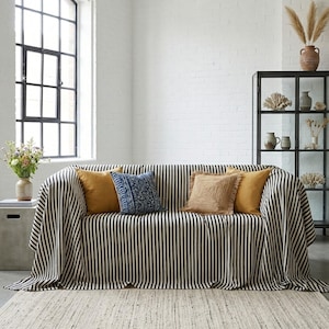 May include: A living room scene featuring a sofa draped with a black and white striped throw. The sofa is adorned with several decorative pillows in shades of gold, blue, and tan. A neutral-toned rug sits on the floor, and a large window provides natural light.