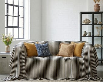 Svartrandigt boho sofföverdrag, sofföverkast i bomull i linnelook, överkast i anpassad storlek, modern lantlig neutral inredning, husdjursvänligt överkast
