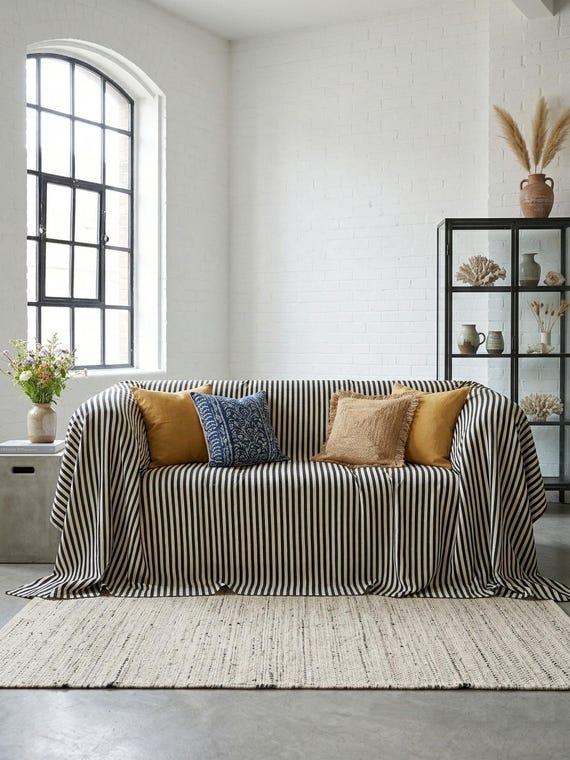Black Striped Boho Sofa Cover, Linen Look Cotton Couch Throw, Custom Size Bedspread, Modern Farmhouse Neutral Decor, Pet Friendly Coverlet