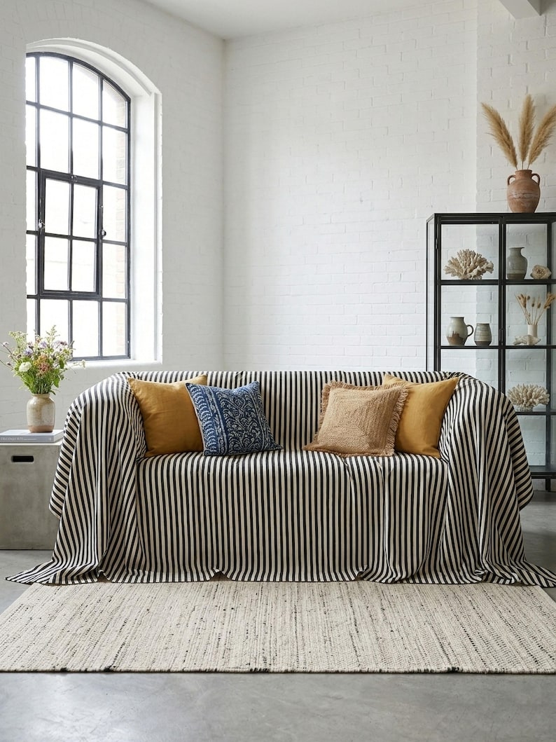 May include: A living room scene featuring a sofa draped with a black and white striped throw. The sofa is adorned with several decorative pillows in shades of gold, blue, and tan. A neutral-toned rug sits on the floor, and a large window provides natural light.