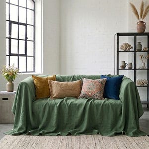 May include: A green sofa with several decorative pillows in shades of gold, tan, pink, and blue. The sofa is covered with a green throw, and sits on a neutral-colored woven rug. A black metal shelf and large window are in the background.