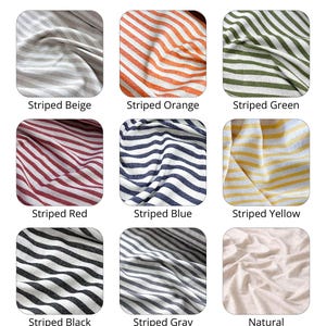 May include: A selection of midweight Turkish cotton fabric swatches, featuring striped patterns in beige, orange, green, red, blue, yellow, black, and grey, alongside a natural option. The fabric weighs 190-200 GSM (approximately 5.6-5.9 oz).