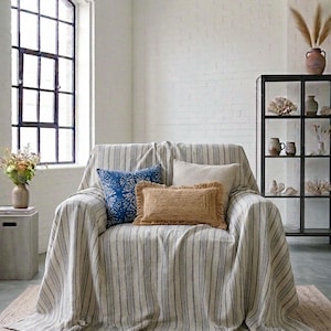 Striped Gray Armchair Cover, Cotton Throw Blanket, Boho Sofa Cover, Multi Stripe Slipcover, Custom Size Coverlet
