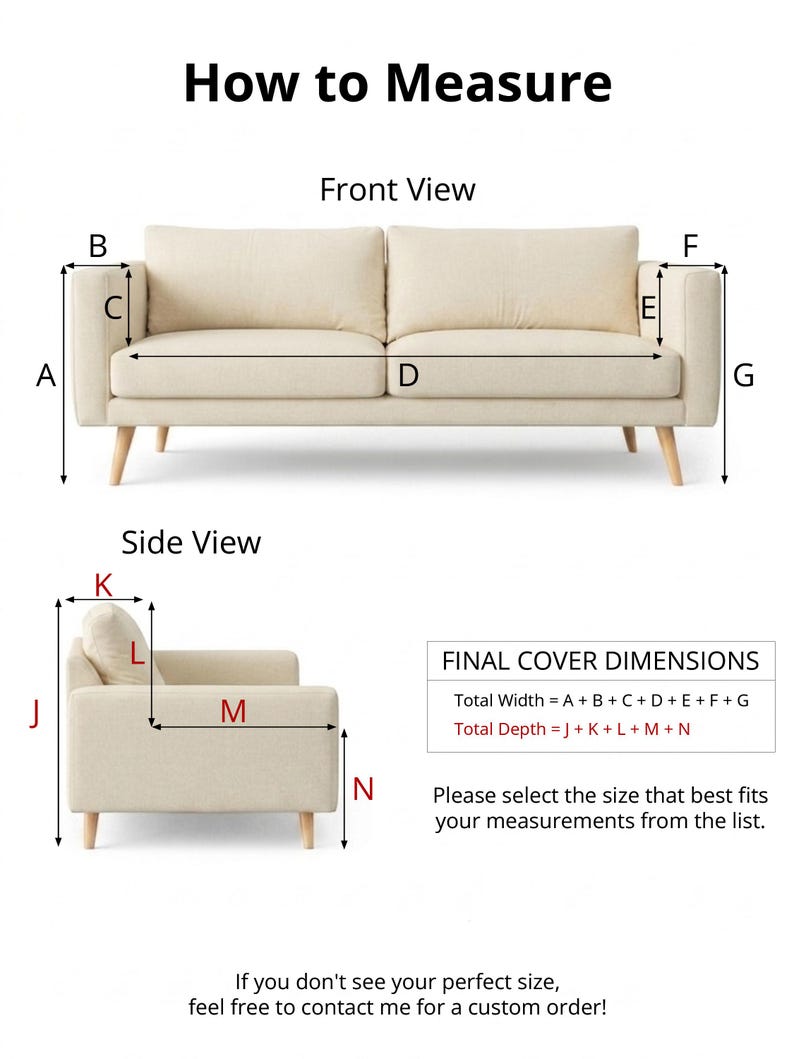 May include: Diagram illustrating how to measure a sofa for a cover. The image shows a beige sofa with labeled dimensions for width and depth. Text explains how to calculate total dimensions and encourages custom orders.