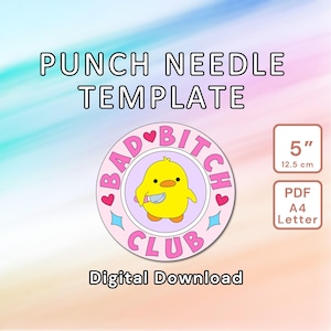 Peut inclure: Modèle de point d'aiguille à télécharger numériquement pour un motif de 12,5 cm (5 pouces) représentant un poussin de dessin animé tenant un couteau avec le texte "Bad Bitch Club".