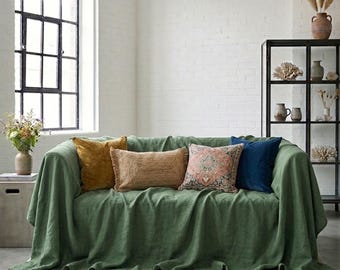 Turkish Cotton Sofa Cover, Stonewashed Green, Linen Look Lightweight Blanket, Custom Size
