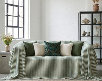 Striped Sofa Cover, Organic Cotton Couch Throw, Linen Look Boho Slipcover, Custom Size Bedspread