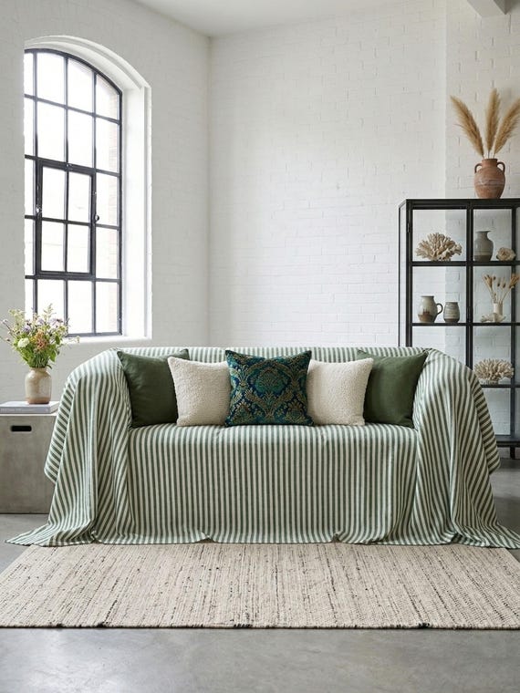 Striped Sofa Cover, Organic Cotton Couch Throw, Linen Look Boho Slipcover, Custom Size Bedspread