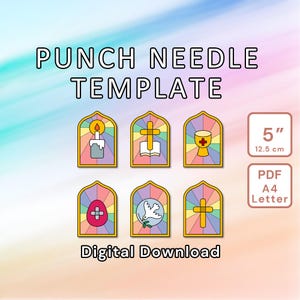 Op de afbeelding: Zes kleurrijke punch needle sjablonen met christelijke symbolen, waaronder een kaars, een kruis, een kelk, een ei, een duif en een kruis. De sjablonen zijn 12,5 cm (5 inch) groot en zijn beschikbaar als digitale download in PDF-formaat voor A4- en Letter-papierformaten.