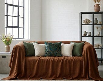 Stonewashed Brown Throw Blanket, Organic Cotton Sofa Cover, Boho Bedspread, Minimalist Home Decor