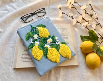 Lemon Punch Needle Sleeve, Handmade Ereader Kindle Paperwhite Cover, iPad Mini Case, Mobile Pouch