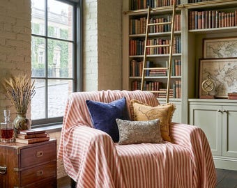 Boho Armchair Cover, Striped Orange Sofa Throw, Soft Organic Cotton Couch Cover, Custom Size Slipcover, Neutral Bohemian Home Decor