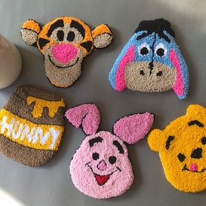 Cartoon Character Coaster Bear Mug Rug Gift Punch Needle Coaster Gift For Her Cute Gift For Happy Decor Donkey Coaster Cute Bear Pig Honey