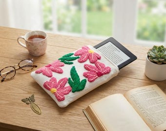 Handmade Pink Floral Punch Needle Sleeve, Ereader Kindle Paperwhite Cover, iPad Kobo Phone Pouch