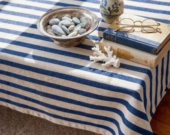 Linen Look Cotton Tablecloth, Solid Striped Colors, Extra Wide Custom Size Table Cover, Farmhouse & Coastal Dining Decor, Mitered Corner Hem