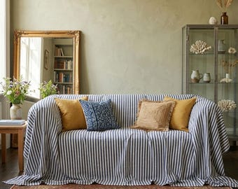 Boho Linen Sofa Cover for Boho Lovers, Soft Organic Cotton Couch Throw, Custom Size Bedspread, Neutral Striped Home Decor, Coverlet