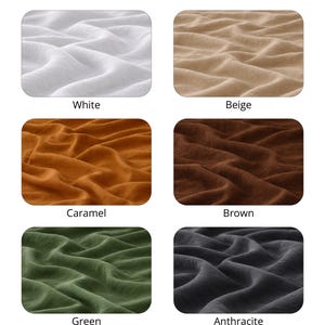 May include: Image showcasing six color options of lightweight Turkish cotton fabric. Colors include white, beige, caramel, brown, green, and anthracite. The fabric is 125-135 GSM / 3.7-4 oz. Text at the top reads "Lightweight Fabric Options."