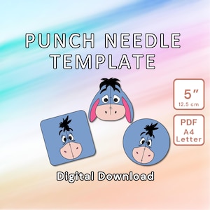 Cartoon Donkey Punch Needle Pattern Set - DIY Template Mug Rug, Coaster, Tufted Home Decor, Kids Nursery Wall Art - Instant Download Design