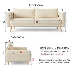 May include: Diagram illustrating how to measure a sofa for a cover. The image shows a beige sofa with labeled dimensions for width and depth. Text explains how to calculate total dimensions and encourages custom orders.
