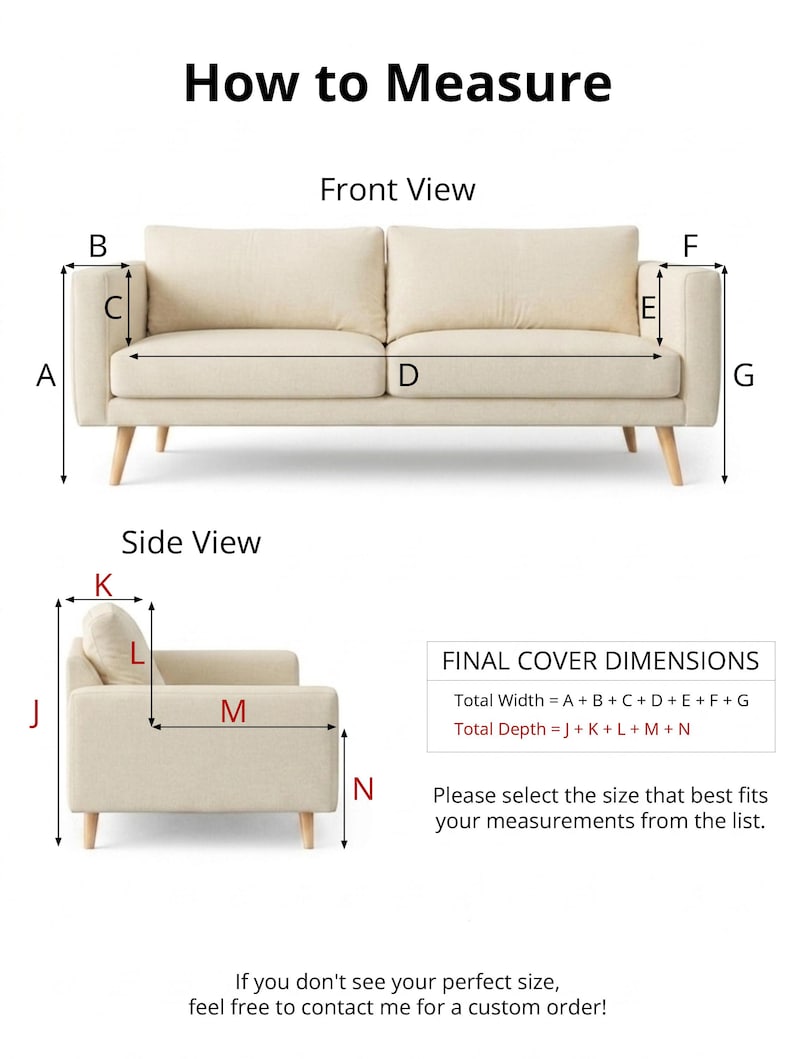 May include: Diagram illustrating how to measure a sofa for a cover. The image shows a beige sofa with labeled dimensions for width and depth. Text explains how to calculate total dimensions and encourages custom orders.
