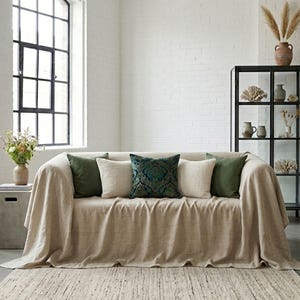 May include: A beige sofa with a matching throw blanket and several decorative pillows in shades of green and cream. The sofa sits on a neutral-toned rug in a bright, airy room with a large window and a black display cabinet.