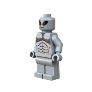 May include: A gray Lego minifigure with a brown torso and a smiling face. The minifigure has a muscular build and is standing on a white background.