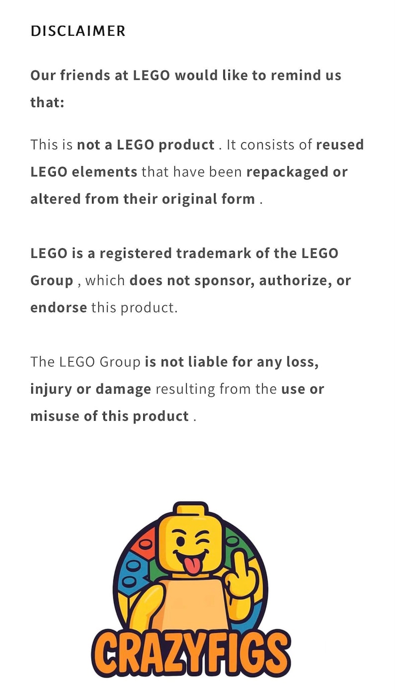 May include: A disclaimer with text about a product not being a LEGO product. The image includes a cartoon LEGO figure with the text "CRAZYFIGS" below it.