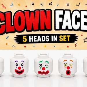 Può includere: Un set di cinque teste di clown bianche con diverse espressioni facciali. L'immagine include il testo "CLOWN FACES" in rosso e bianco e "5 HEADS IN SET" su uno sfondo giallo con palloncini e coriandoli.