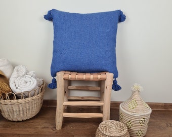 Cuscino blu fatto a mano tessuto in pura lana con pompon angolari, per la camera dei bambini, soggiorno, camera da letto o ufficio, federa morbida al tatto