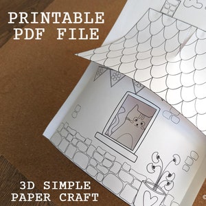 Casa de papel 3D para crianças, kit de artesanato de papel para impressão simples, atividades para escola em casa, modelo para download digital