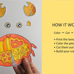 Op de afbeelding: Een papieren knutselmal van een krab met oranje en gele patronen op de lichaamsdelen, twee scharen en twee ogen. De tekst luidt: HOW IT WORKS, Color -> Cut -> Glue, Print the template, Color the pieces, Cut them out, Build your crab.