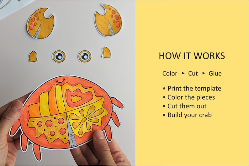 Op de afbeelding: Een papieren knutselmal van een krab met oranje en gele patronen op de lichaamsdelen, twee scharen en twee ogen. De tekst luidt: HOW IT WORKS, Color -> Cut -> Glue, Print the template, Color the pieces, Cut them out, Build your crab.