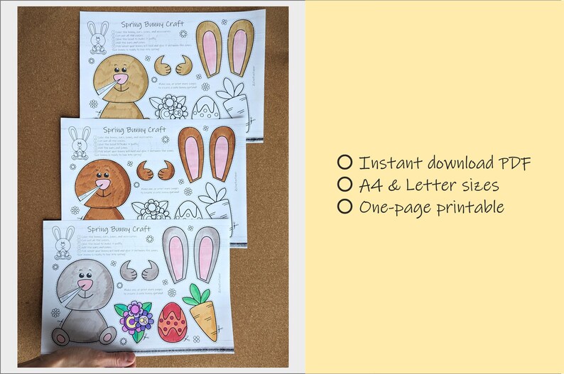 May include: Three printable "Spring Bunny Craft" sheets with bunny parts, flowers, and carrots. The sheets include text and are designed for coloring and crafting. The text on the right says "Instant download PDF", "A4 & Letter sizes", and "One-page printable".